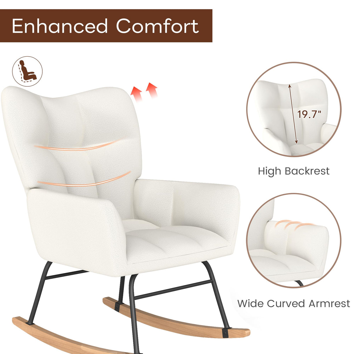 Skandiquip Nursery Rocking Chair, Rocking Chairs for Nursery, Baby Rocker Chair, Glider Rocker, Anti-Tip Safety Design, 440 Lb Weight Capacity, Cotton Fabric Cover, White Skandiquip