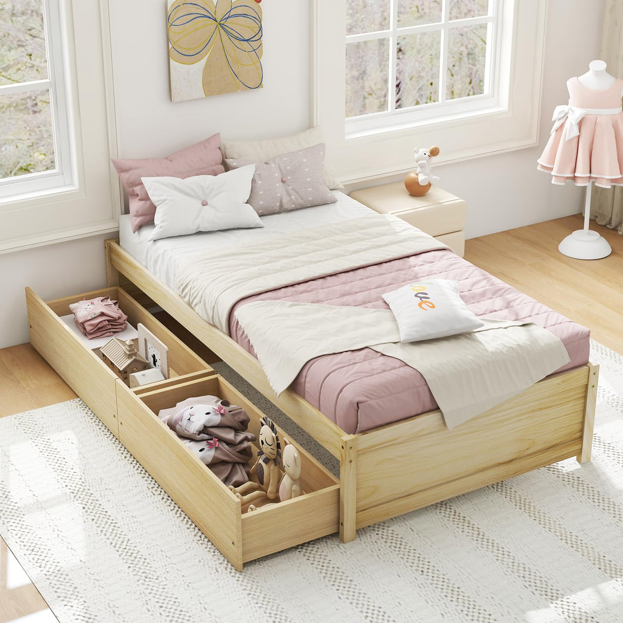 Giantex Twin Bed Frame with 2 Storage Drawers, Solid Wood Platform Bed with Slats Support, Heavy Duty Daybed with Storage, No Box Spring Needed, Twin Bed Frames for Kids Teens Adults Guests (Natural) Giantex