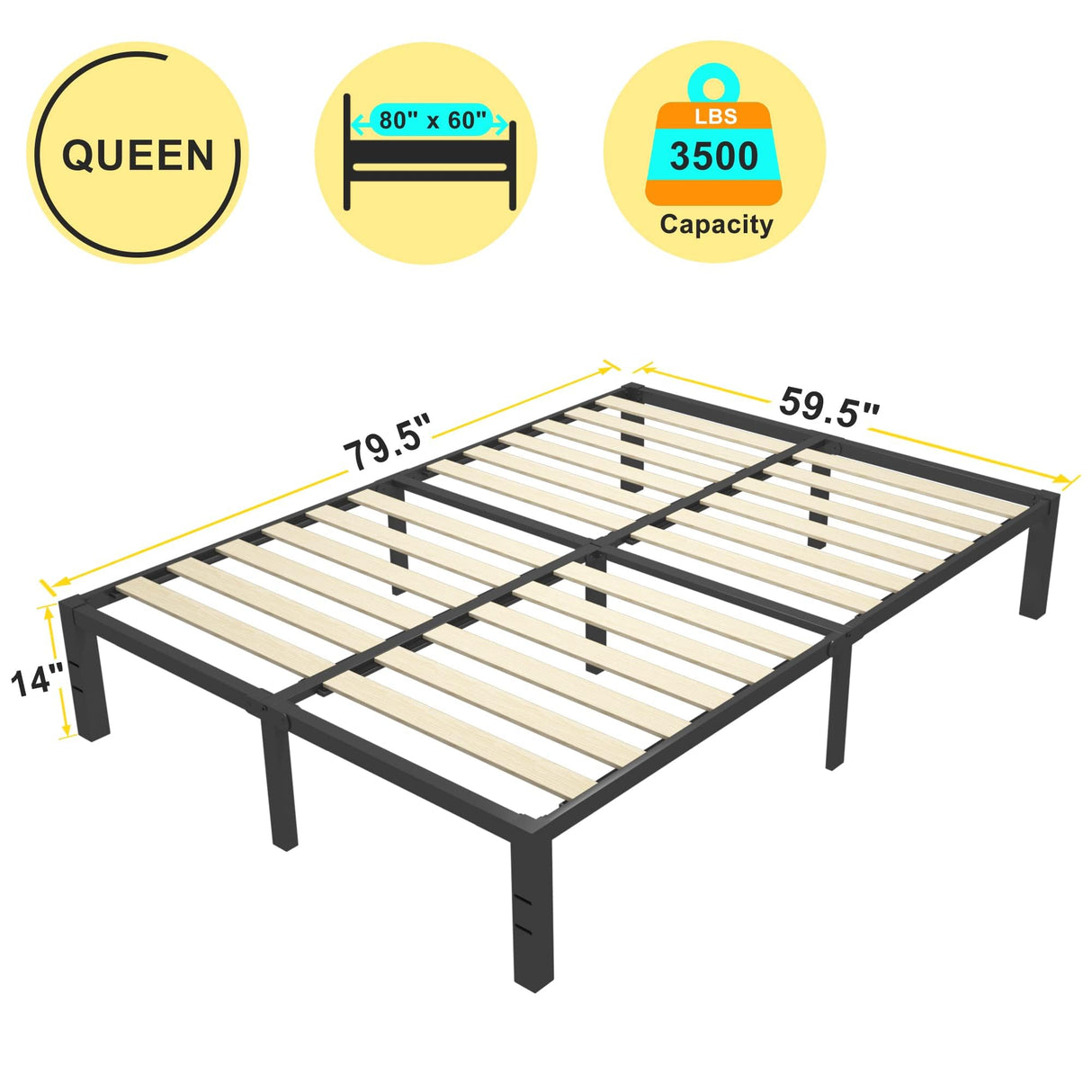ROIL 14-Inch Heavy Duty Queen Size Bed Frame with Wooden Slats - No Box Spring Required, Noise-Free Design, and Mattress Stoppers ROIL