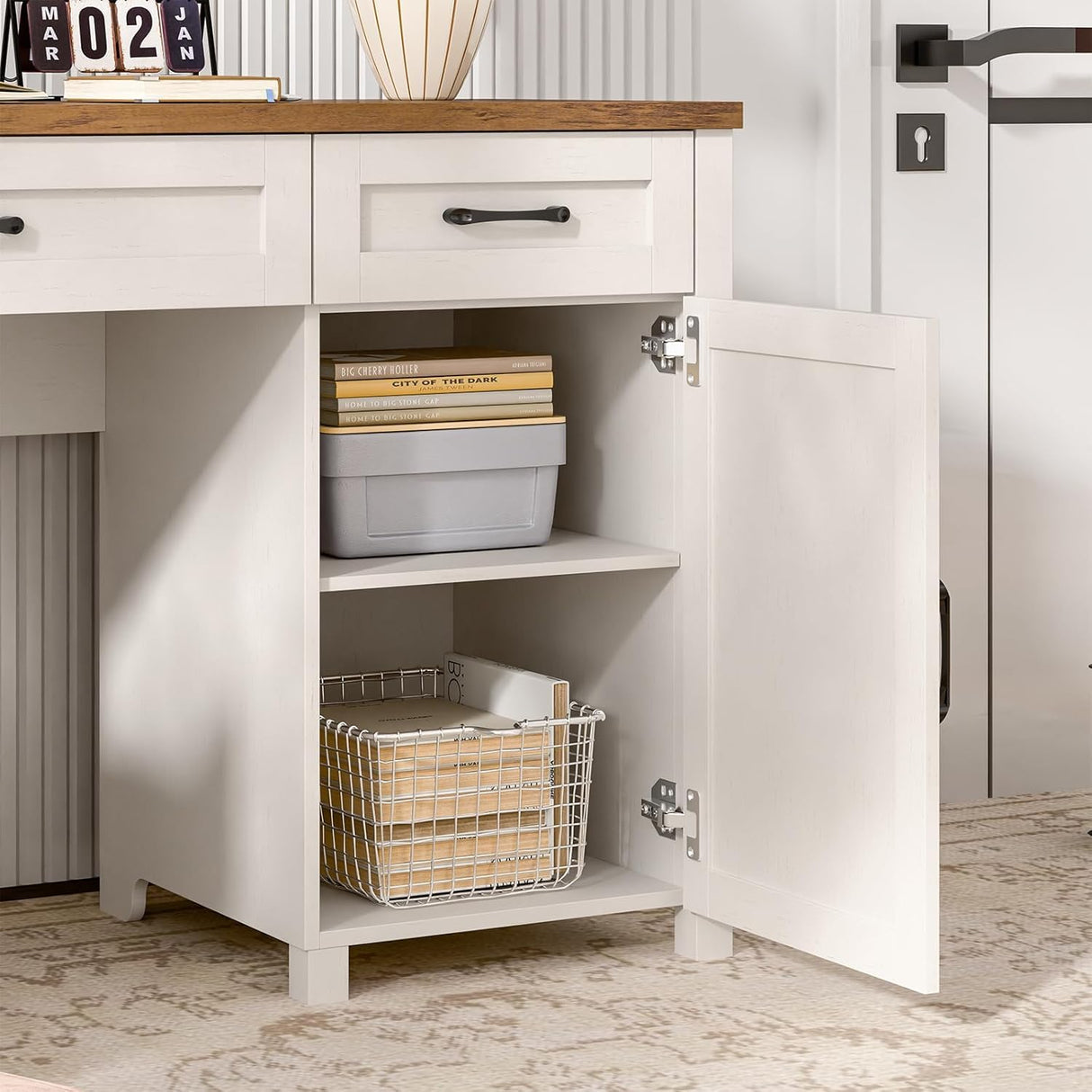 Farmhouse 61'' Executive Desk with 5 Drawers, Rustic Office Desk Computer Desk with Charging Station, File Drawers and Storage Cabinet, Wood Workstation for Study and Home Office,(Unique White) Vabches