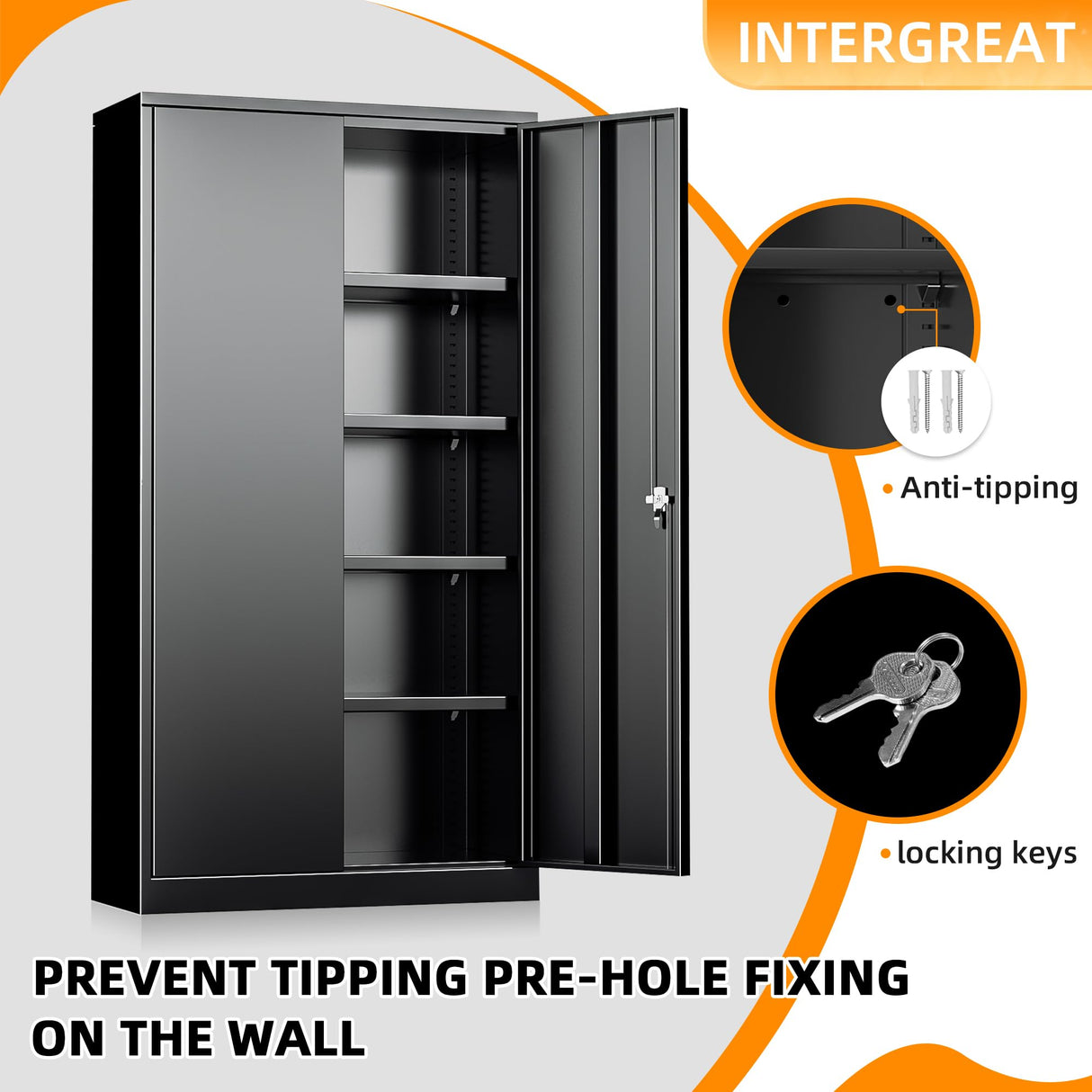 INTERGREAT Metal Storage Cabinet with 2 Doors and 4 Adjustable Shelves, Garage Storage Cabinet, Tall Steel Cabinet Locking Cabinet for Office,Home, Garage, Gym, School (Black) INTERGREAT