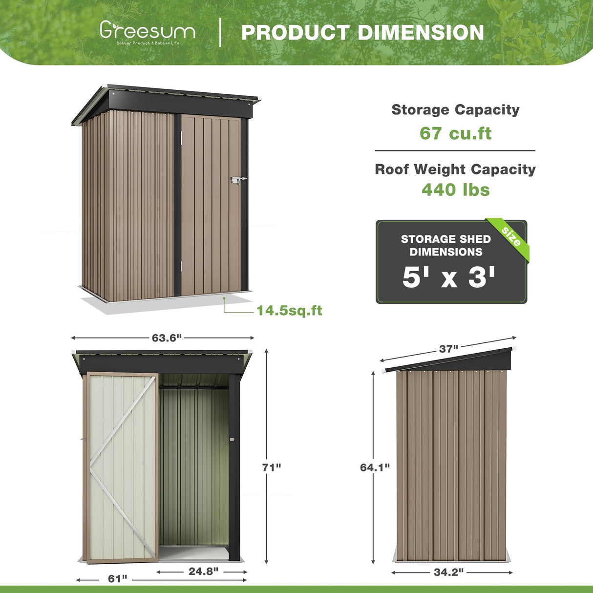 Greesum Outdoor Storage Shed 5 x 3 ft. Utility Tool Shed Metal Storage Garden Shed with Door & Lock for Patio Storage, Brown Greesum