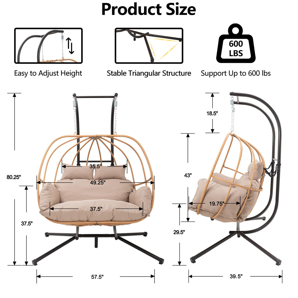 DAYARUS Double Egg Chair Outdoor, Egg Swing Chair with Stand, Hanging Egg Chair Outdoor with Cushions/Headrest, 80" H Hanging Chairs with Stand Indoor, Metal Basket Swing Egg Chairs for Deck, Khaki DAYARUS
