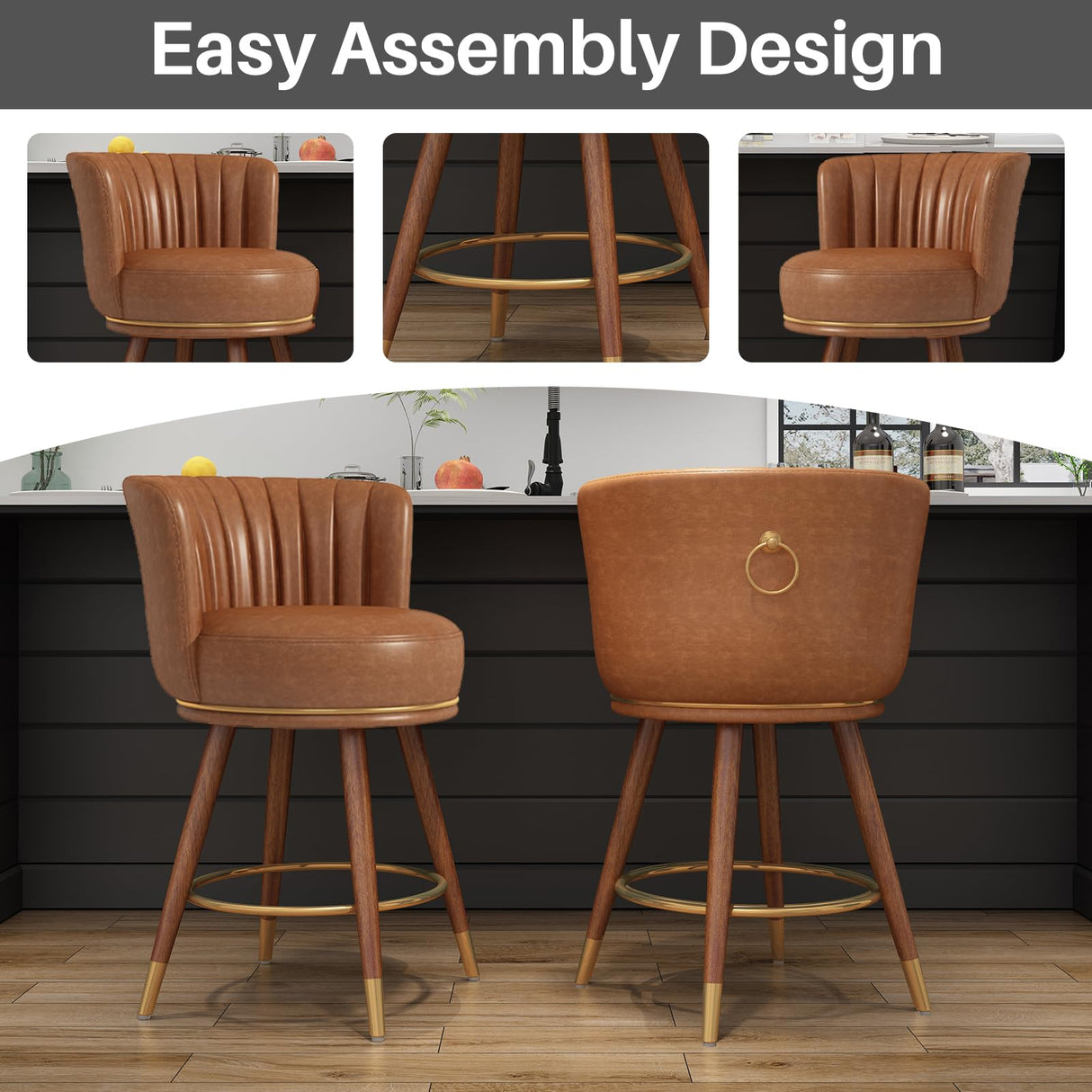 SeekFancy 24" Swivel Bar Stools Set of 2, Counter Height Bar Stools with Back, Leather Swivel Counter Stool with Wood Legs, Upholstered Pub Stools Brown Bar Chairs for Kitchen Island, 300lbs SeekFancy