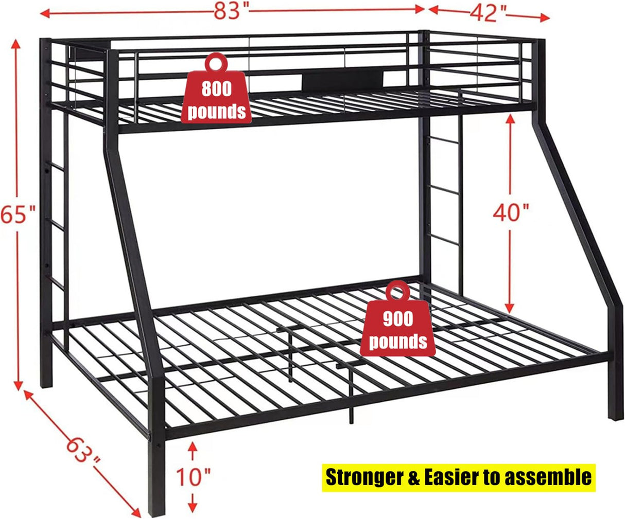 NIAYOU Twin XL Over Queen Bunk Bed, Industrial Style, Black Metal, Up to 900 lbs Weight Capacity, Easy Assembly NIAYOU