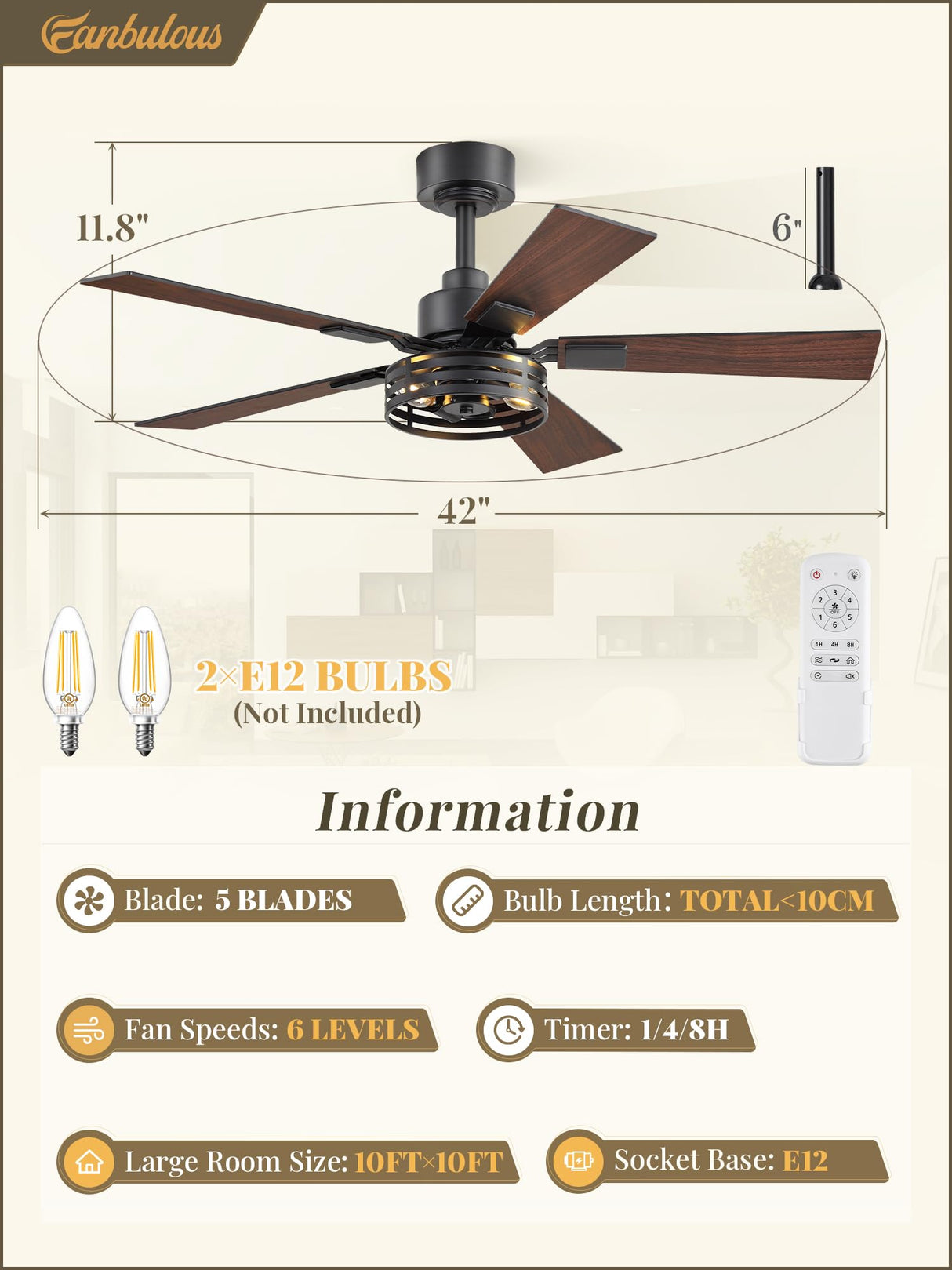 42 Inch Farmhouse Ceiling Fan with Lights 2 Pack, Rustic Black Ceiling Fans with Remote, 5 Dual Finish Blades, Quiet 6 Speed Reversible DC Motor, Caged Industrial Fan for Bedroom, Living Room, Patio Fanbulous