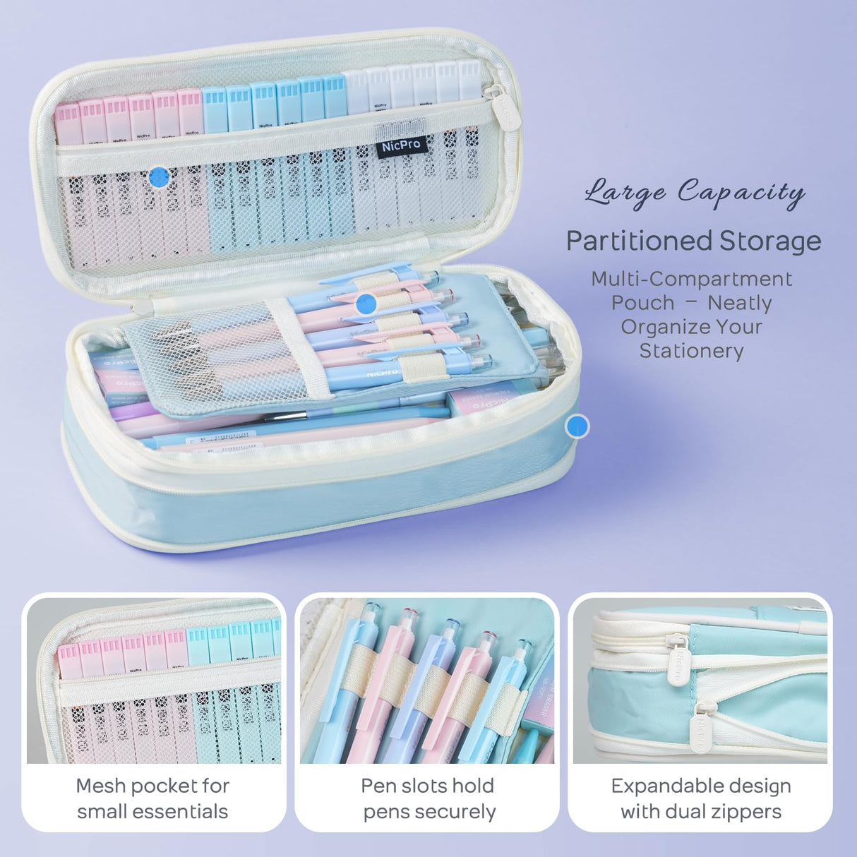 Nicpro 45PCS Aesthetic School Supplies with Pencil Case, Mechanical Pencils 0.5mm, 0.7mm, 0.9mm & 2.0mm with 498 PCS Refills, Cute Mechanical Pencil Set for Writing, Drawing & Drafting (Blue) Nicpro