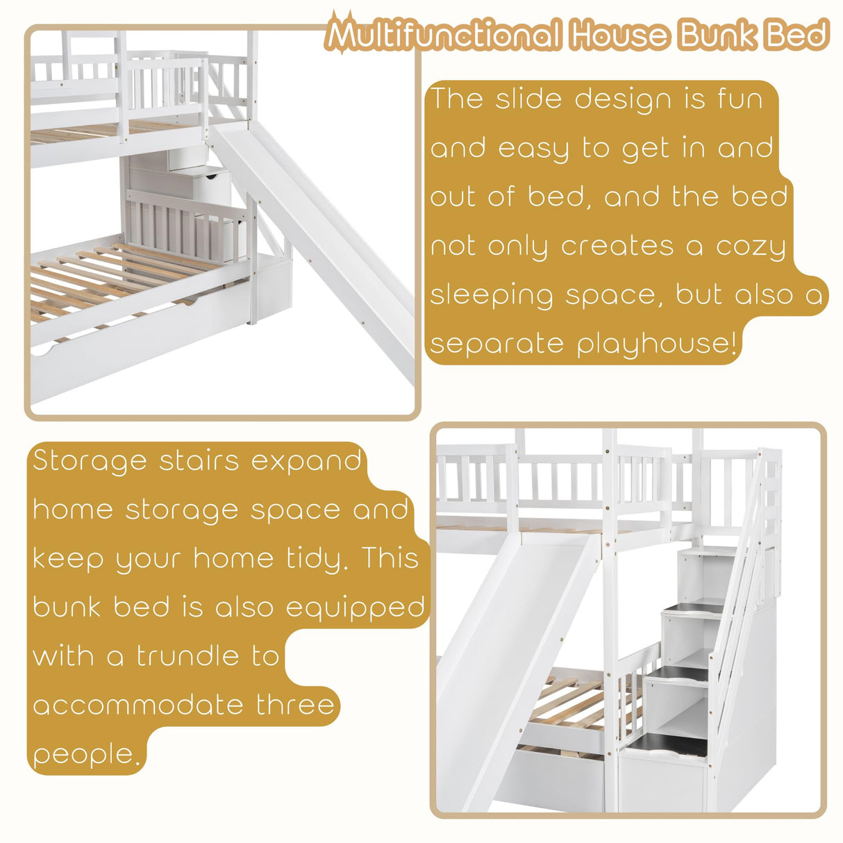 MERITLINE House Bunk Beds Twin Over Twin with Slide, Twin Bunk Bed with Storage Stairs and Trundle, Wood Kids Bunk Bed with Roof and Window Design for Girls, Boys,White MERITLINE