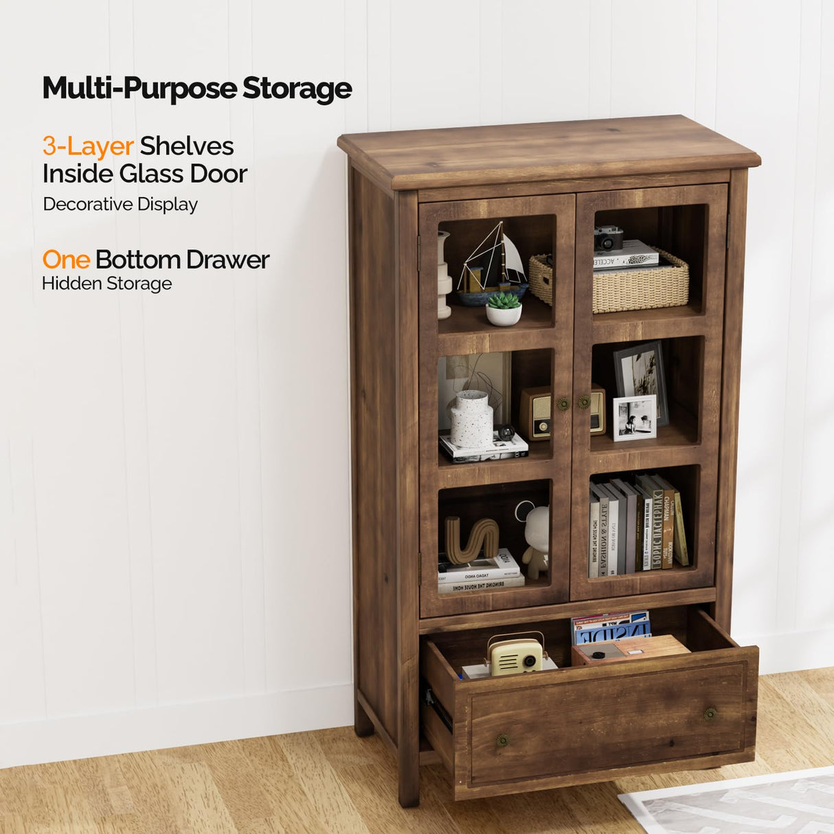 VINGLI Storage Cabinet with Glass Doors and Drawer, Glass Display Cabinet Display Case, Rustic Storage Cabinet with Doors and Shelves, Showcase Display Cabinet w/Cedar Finish & Solid Wood Leg,Walnut VINGLI