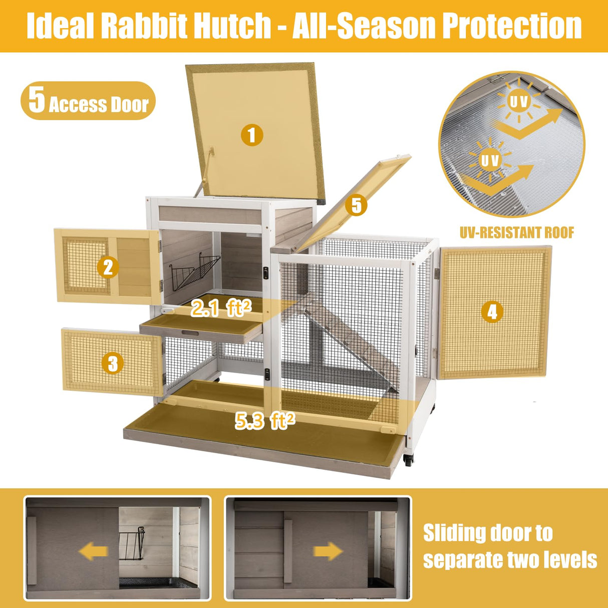 Gowoodhut 40"L Rabbit Hutch Indoor Wooden Large Bunny Hutch Outdoor 2 Story Rabbit Cage on 4 Metal Wheels with Run and 2 Deeper Pull Out Trays UV Panel Guinea Pig Pet House for Small to Medium Animals Gowoodhut