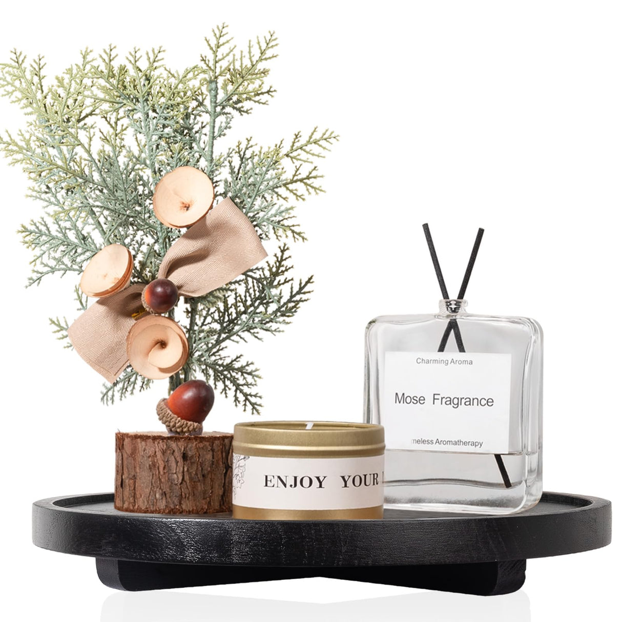 Round Decorative Tray Wood Bathroom Counter Organizer Farmhouse Kitchen Decor Wooden Riser for Soap Dish, Perfume, Candle, Sponge, 11" - Black zoocatia