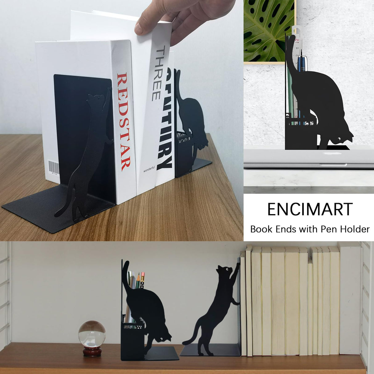 Gift for Dad, Cat Book Ends for Shelves, Decorative Book Ends with Pen Holder, Fun Unique Bookends, Cool Black Cat Bookends, Home Office Desk Bookshelf Decor, for Dad and Lover ENCIMART