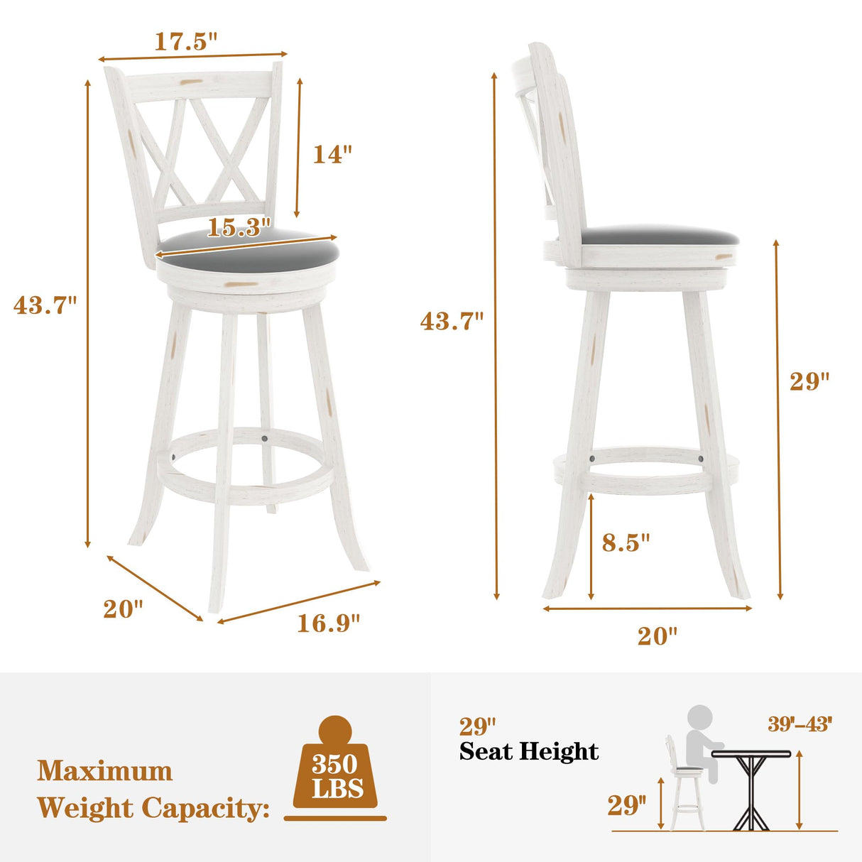 Betterhood 29" Bar Height Swivel Stools - High Back Swivel Barstools with Upholstered Seat & Solid Wood Footrest, Counter Bar Chairs for Kitchen Island & Pub (White, Set of 2) Betterhood