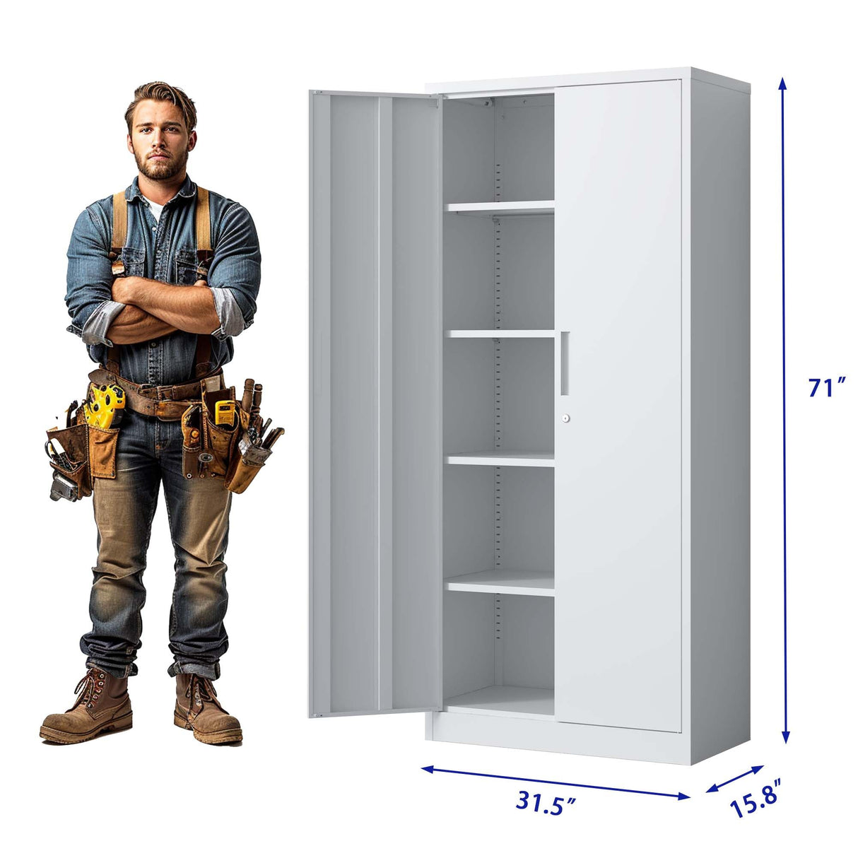 Metal Garage Storage Cabinet,71" h Tall Garage Cabinet with 2 Doors and 5 Adjustable Shelves, Steel Utility Tool Cabinet Black Locking Cabinets, Lockable File Cabinet Garage Storage Locker (White) AnwickNomo