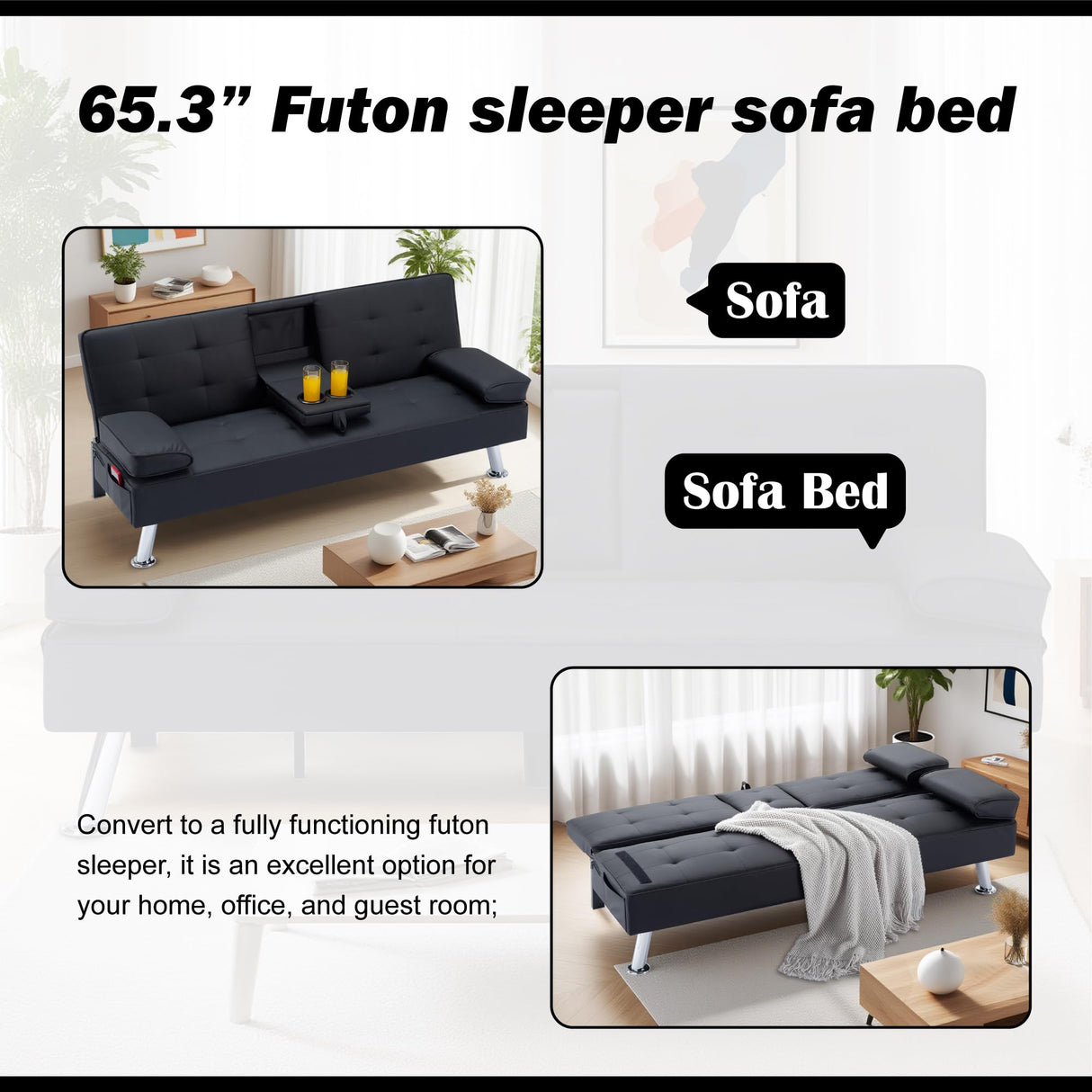 Convertible Loveseat Sofa Sleeper Couch Bed Adjustable PU Leather Upholstery Folding Recliner Sofá, Small 2-Seat Futon Sofa&Couch, Modern Accent Accent Couches with Cup Holders for Living Room Lyngins