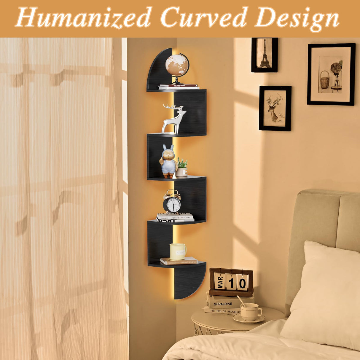 Corner Shelf, 5 Tier Bookshelf with LED Light, Corner Shelf Wall Mounted, Floating Shelves for Wall, Display Stand for Bedroom, Living Room, Bathroom, Home, Office, Black Waipfaru