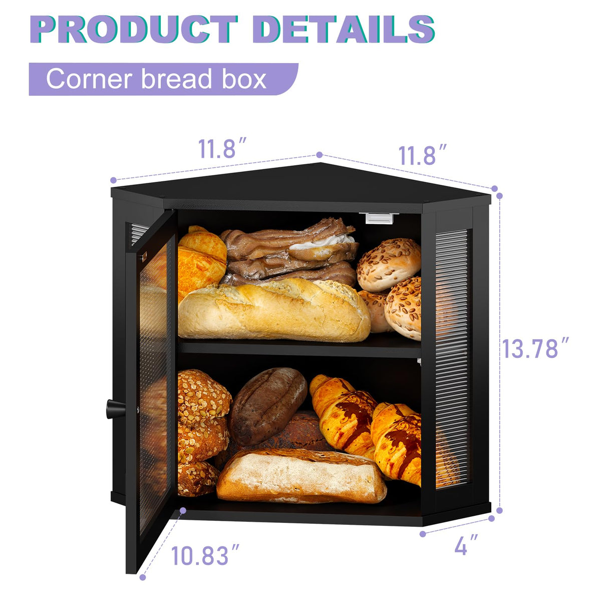 Wieghda Corner Bread box for Kitchen Countertop,Farmhouse Bread Box with Acrylic Wavy Door Panel,Large Bread box for kitchen countertop,Kitchen Countertop Food Storage Container (Black, Meduim) Wieghda