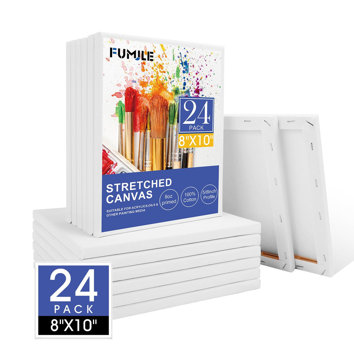 FUMILE 8x10 Canvas for Painting Stretched, 24 Pack Canvases for Painting-5/8 in Profile Primed White Blank Painting Canvas Value Pack for Oil & Acrylic Paint FUMILE