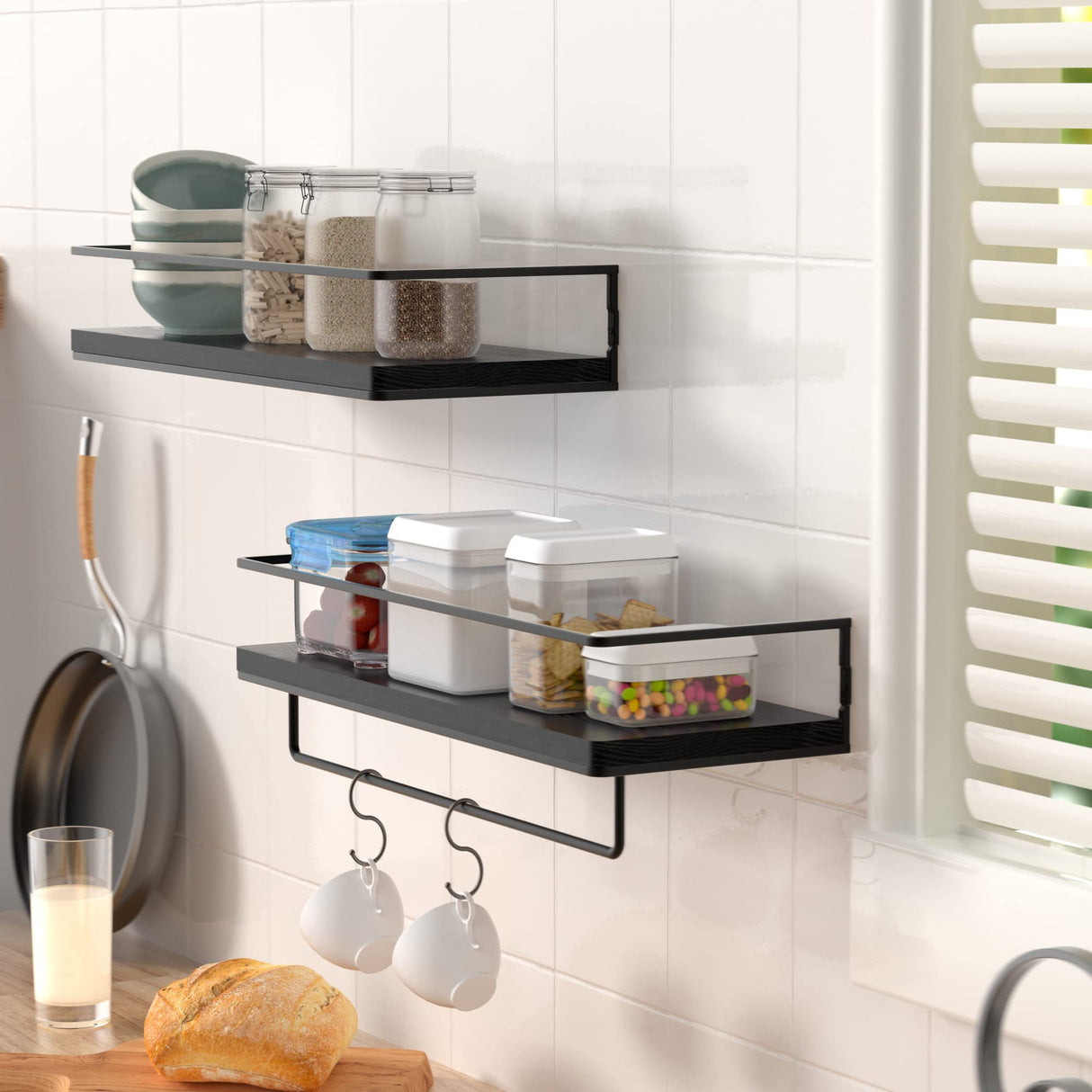 ZGO Floating Shelves for Wall Set of 2, Wall Mounted Storage Shelves with Black Metal Frame and Towel Rack for Bathroom, Bedroom, Living Room, Kitchen, Office (Black) ZGO