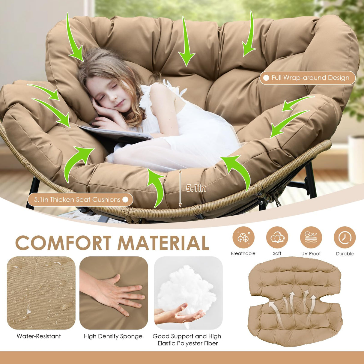 RADIATA Rocking Egg Chair with Thicken Cushion, Indoor Outdoor Oversized Rocker Lounge Chair, Water Resistant Cushion Cover, Metal Frame 450 lbs Weight Capacity, for Patio, Porch, Garden, Bedroom RADIATA