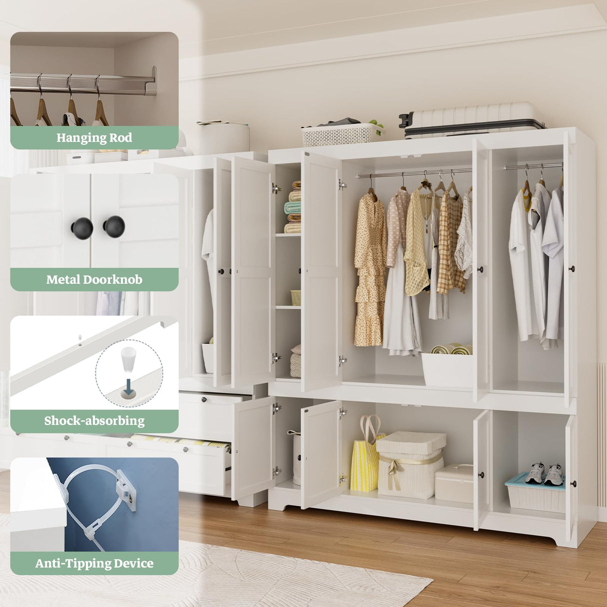 PLANNTONNEO Large White Wardrobe Closet with Drawers, Modular Closet System with Doors and Hanging Rods, Tall Large Armoire Ample Storage, Big Bedroom Armoires (8 Doors/White) PLANNTONNEO
