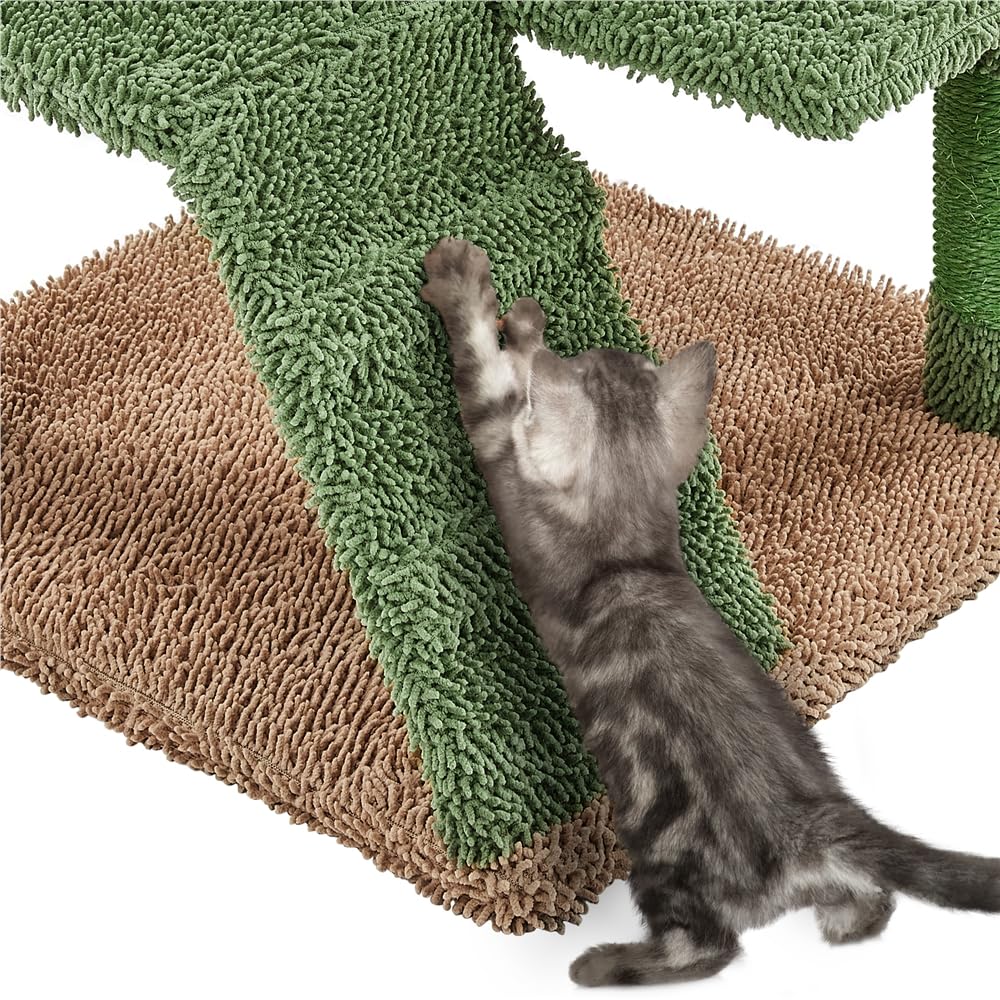 Yaheetech Cactus Cat Tree, 54.5in Tower w/Ramp, Animal-Ear Shaped Perch, Scratching Posts, Platform & Hanging Ball, Multi-Level Condo for Indoor Kittens, Green/Brown Yaheetech