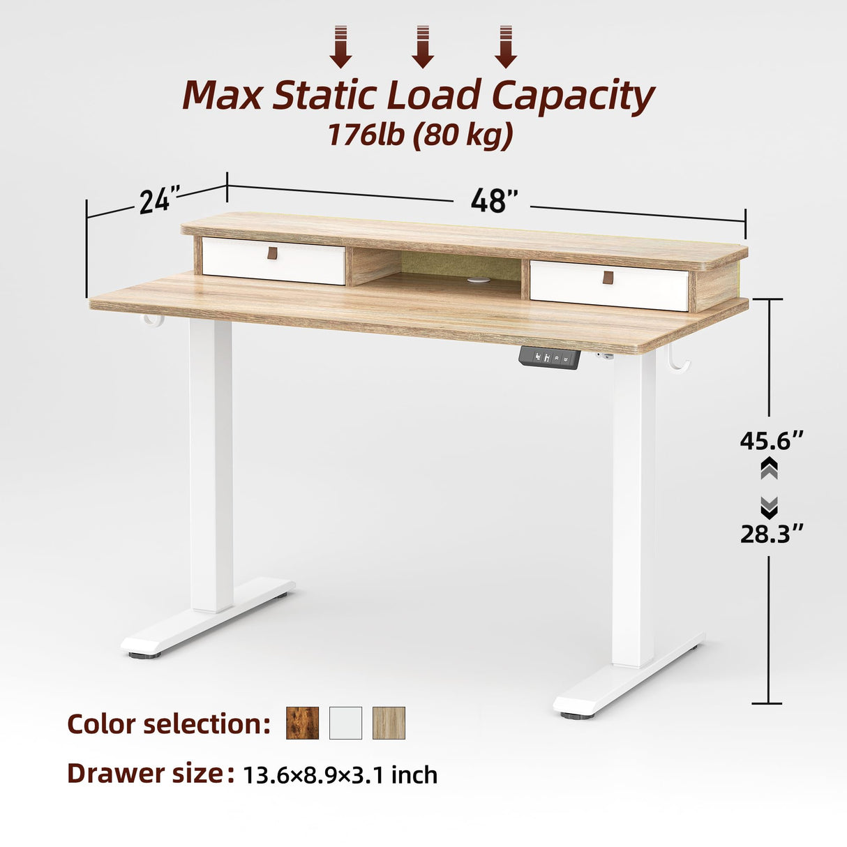 TIQLAB 48 * 24 Inch Standing Desk with Two Drawers, Stand Up Standing Desk Adjustable Height, Electric Sit Stand Desk with Storage Shelf and Splice Board, Maple TIQLAB