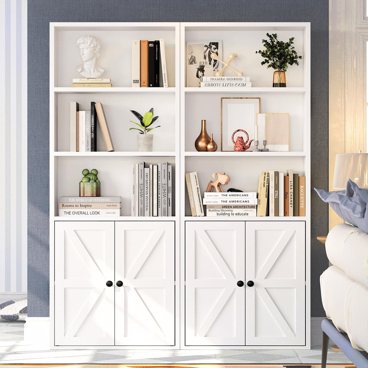 oneinmil 5 Tier Bookshelves and Bookcase with Doors Industrial Set of 2 Double Wide Floor Standing Book Shelf 59" Tall Display Shelves Bookshelf with Storage Cabinets for Living Room, White oneinmil