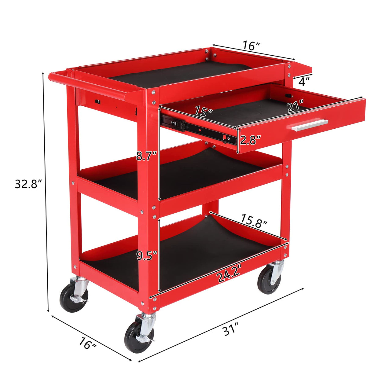 TUFFIOM 3 Tier Rolling Tool Cart, 330 LBS Capacity Industrial Service Cart, Heavy Duty Steel Utility Cart, Tool Organizer with Drawer, Perfect for Garage, Warehouse & Repair Shop (Red) TUFFIOM