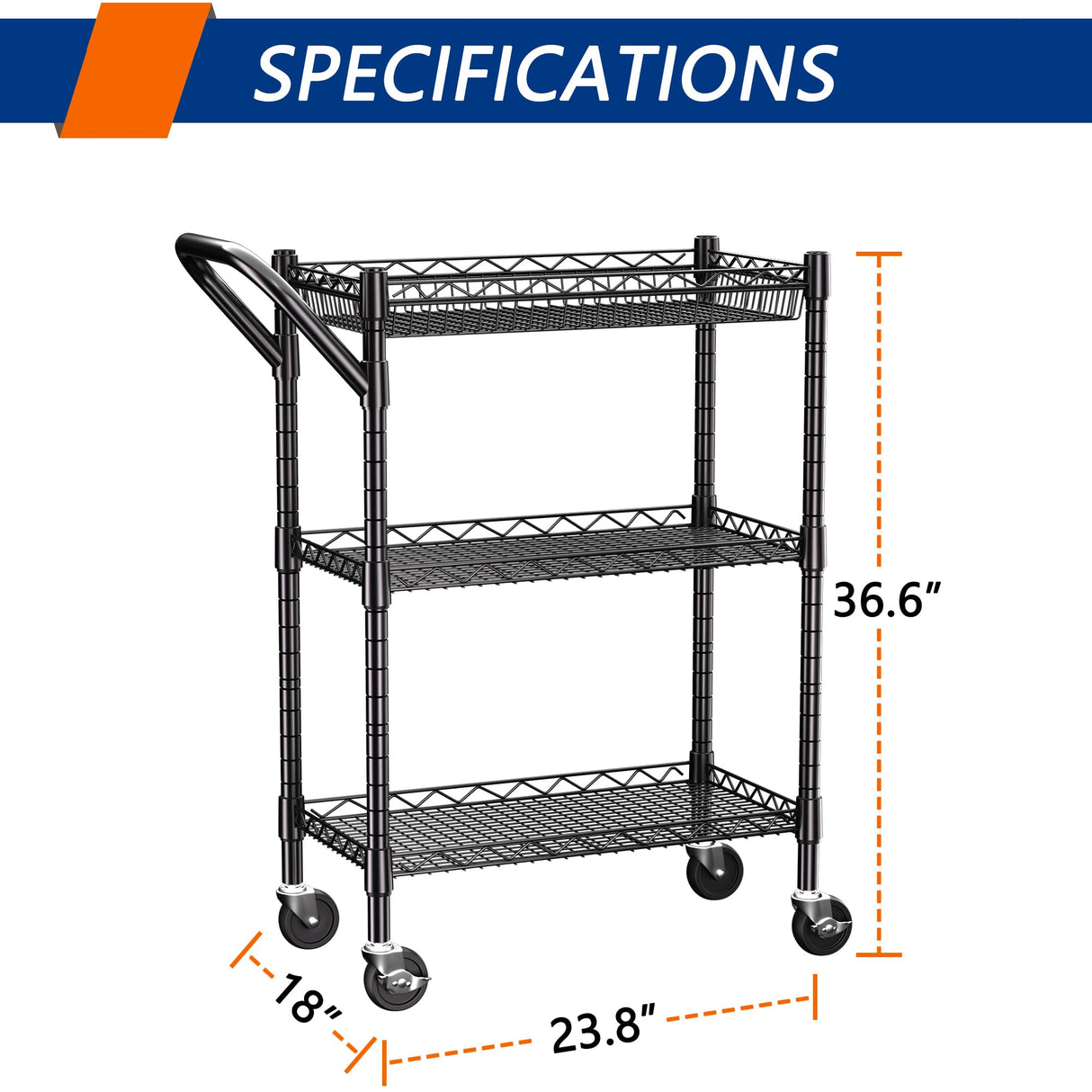 3 Tier Heavy Duty Rolling Utility Cart,18" D x 23.8" W x 36.6" H Rolling Carts with Wheels,Commercial Grade Metal Cart with Handle Bar & Shelf Liner,Trolley Serving Storage Cart for Kitchen Black REGILLER