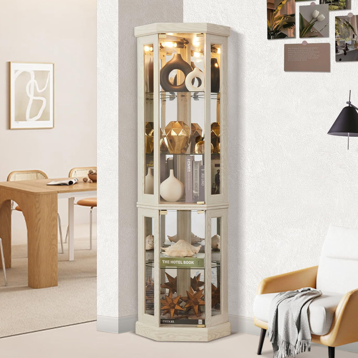 XUWANSHANG Corner Curio Cabinets,Lighted 3-Side Glass Display Curio Cabinet, Curved Wood Corner Cabinet,Curio Cabinets with Glass Doors,Adjustable Shelves,Curio Cabinet for Living Room,Antique White XUWANSHANG