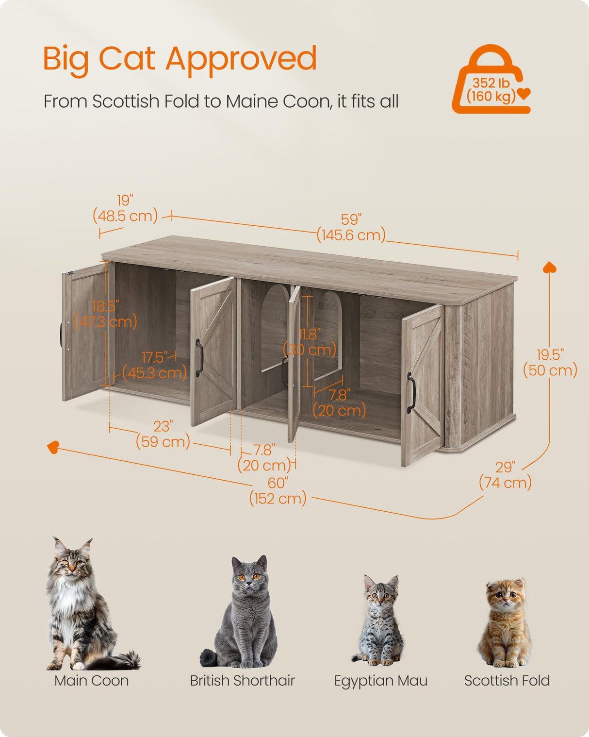 Feandrea Double Cat Litter Box Enclosure, Modern Cat Litter Box Furniture Hidden for 2 Cats, Front Entry, Cat House, Side End Table, TV Stand, 59 x 19 x 19.5 Inches, Heather Griege UPCL010G01 Feandrea