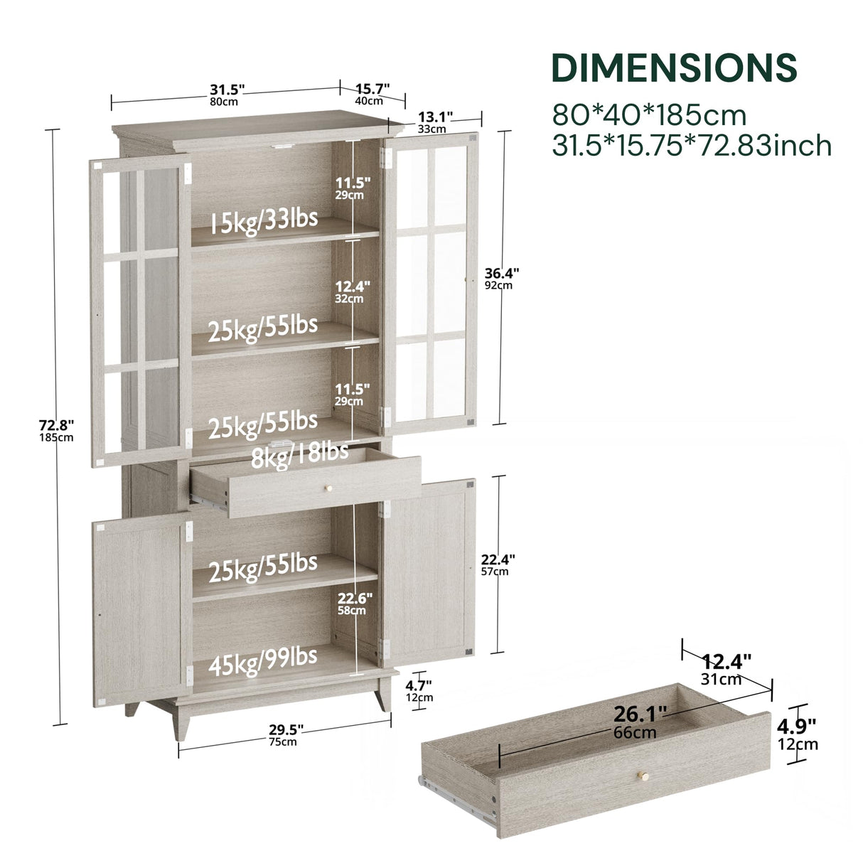 SunsGrove 73" White Oak Bookcase with Glass Doors & Drawer - Adjustable Shelf, Modern Classic Storage for Living Room, Home Office (4 Doors, Floor Standing) SunsGrove