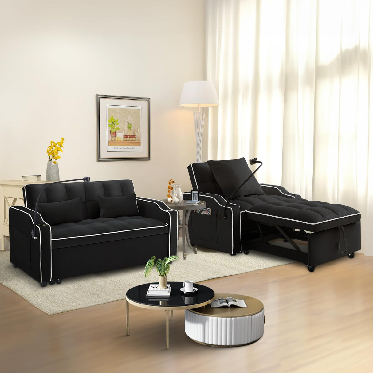 Sleeper Sofa Couch Bed with USB & Type C Port, Modern 3-in-1 Convertible Velvet Pull Out Loveseat Futon Sofa w/Phone Holder/Cup Holder for Living Room Apartment, Adjustable Backrest, Black Antetek