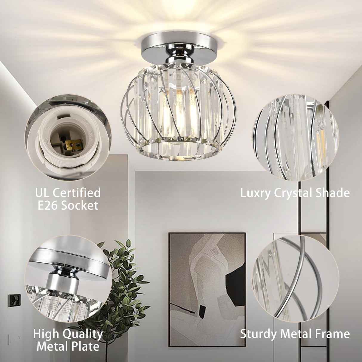 ZtuoYong Crystal Ceiling Light, Crystal Semi Flush Mount Ceiling Light Silver Crystal Chandelier for Kitchen Hallway Entrance Balcony Dining Rooms Living Rooms Bar Farmhouse … ZtuoYong