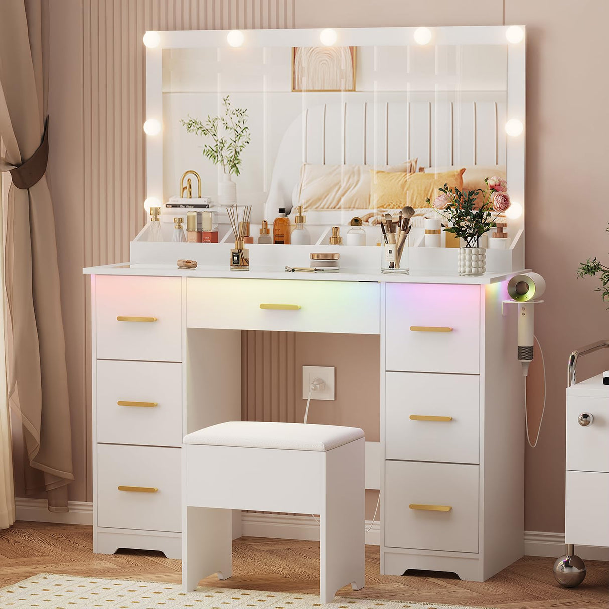 METOTI Vanity Desk with 38" Large Mirror and 9 LED Lights & Glass Top and Power Outlet, Adults Makeup Vanity with Chair and 7 Storage Drawers, Dressing Table Set for Bedroom, Modern White METOTI