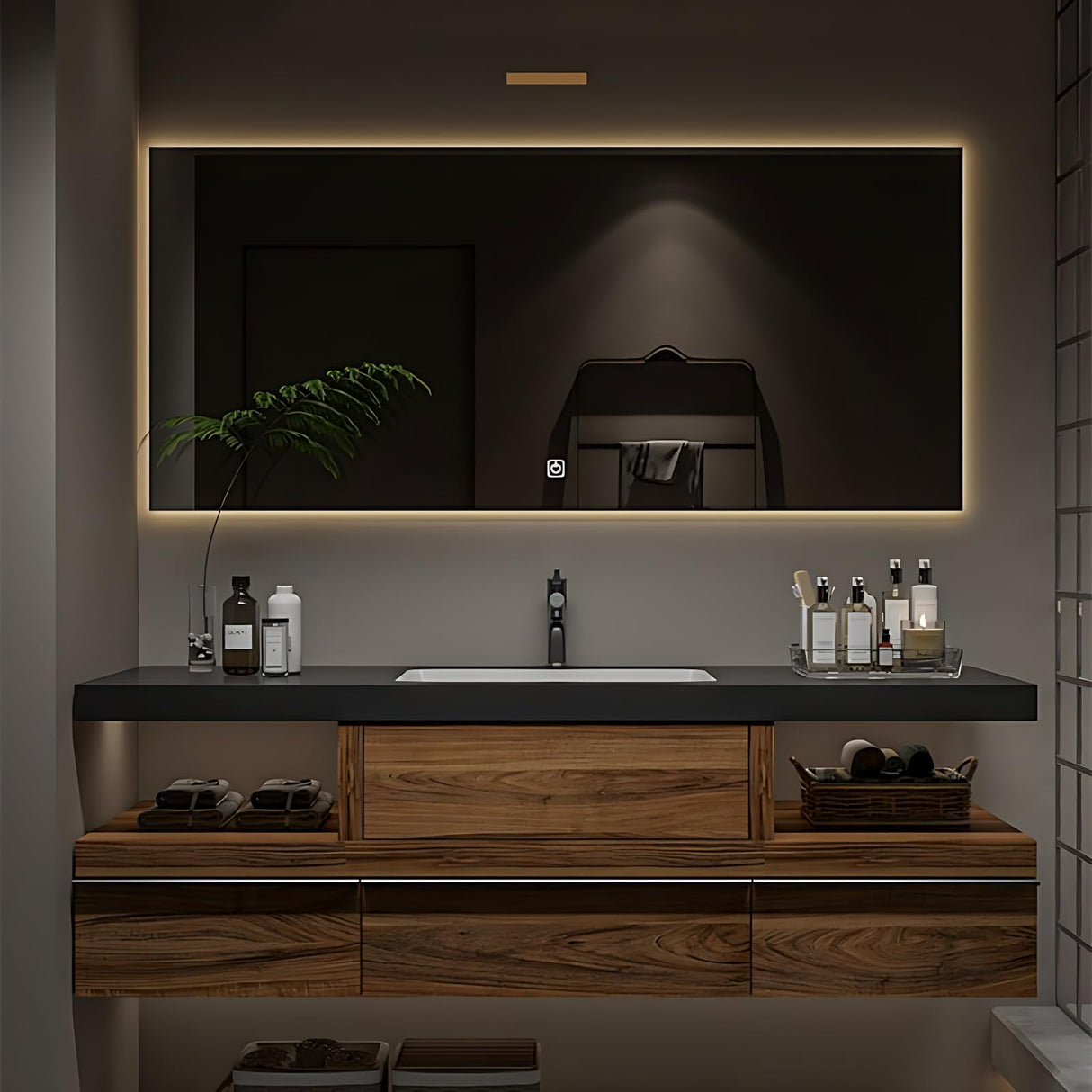 Bathroom Vanity with Sink - Modern Single Sink Bathroom Vanity, Wall Mounted Solid Wood Bathroom Sink Cabinet, Elegant Floating Vanity with Ample Storage and LED Anti-Fog Mirror (Square Mirror, 36") ZGNBSD