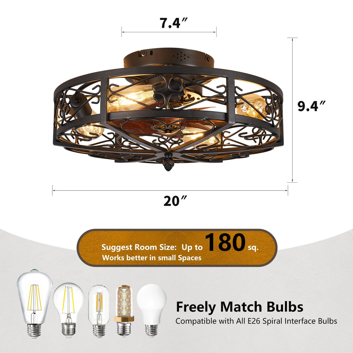 MeZeYo 20" Caged Farmhouse Flush Mount Ceiling Fan with Light and Remote Control Bladeless Low Profile Ceiling Fans with Lights Enclosed Vintage Fan 6 Speed Reversible for Kitchen, Bedroom MeZeYo