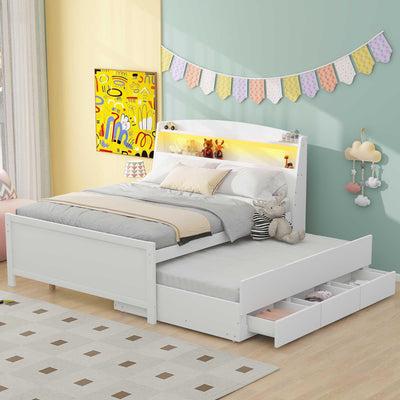 Merax Full Size Platform Bed Frame with Twin Size Trundle and 3 Drawers,Storage LED Headboard,White