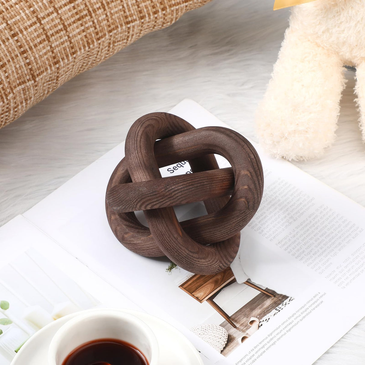 Yalikop 3 Link Wood Knot Decor - Hand Carved Coffee Table Decoration, Boho Chain Link Decor, Modern Shelf, Rustic Objects for Home Living Room Bedroom(Black Walnut) Yalikop