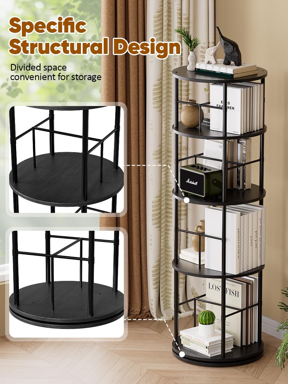 Rotating Bookshelf Tower, 4 Tier Corner Bookshelf for Small Space, 360 Display Spinning Bookcase, Floor Standing Book Shelves Storage Rack Narrow Round Book Shelf Organizer for Bedroom, Living Room Turosur