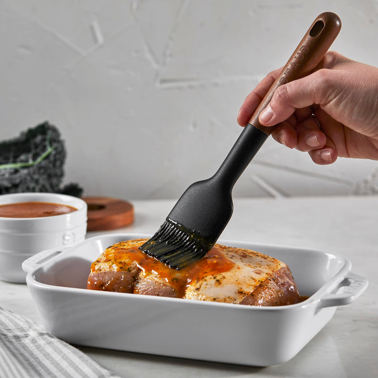 STAUB Pastry Brush, Perfect for Evenly Glazing Pastries and Basting Meats, Durable BPA-Free Matte Black Silicone, Acacia Wood Handles, Safe for Nonstick Cooking Surfaces STAUB