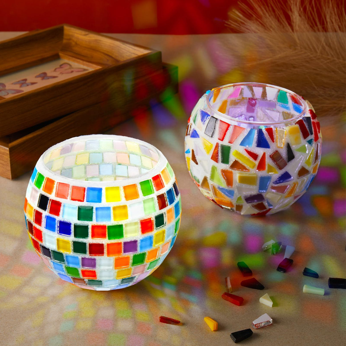 Sunnychicc 2 Set Glass Mosaic Candle Holder Kit Include Tea Light Holder, Glass Mosaic Tiles DIY Crafts Creativity Handmade Artwork for Adults Home Lighting Decor(Rainbow Theme) Sunnychicc