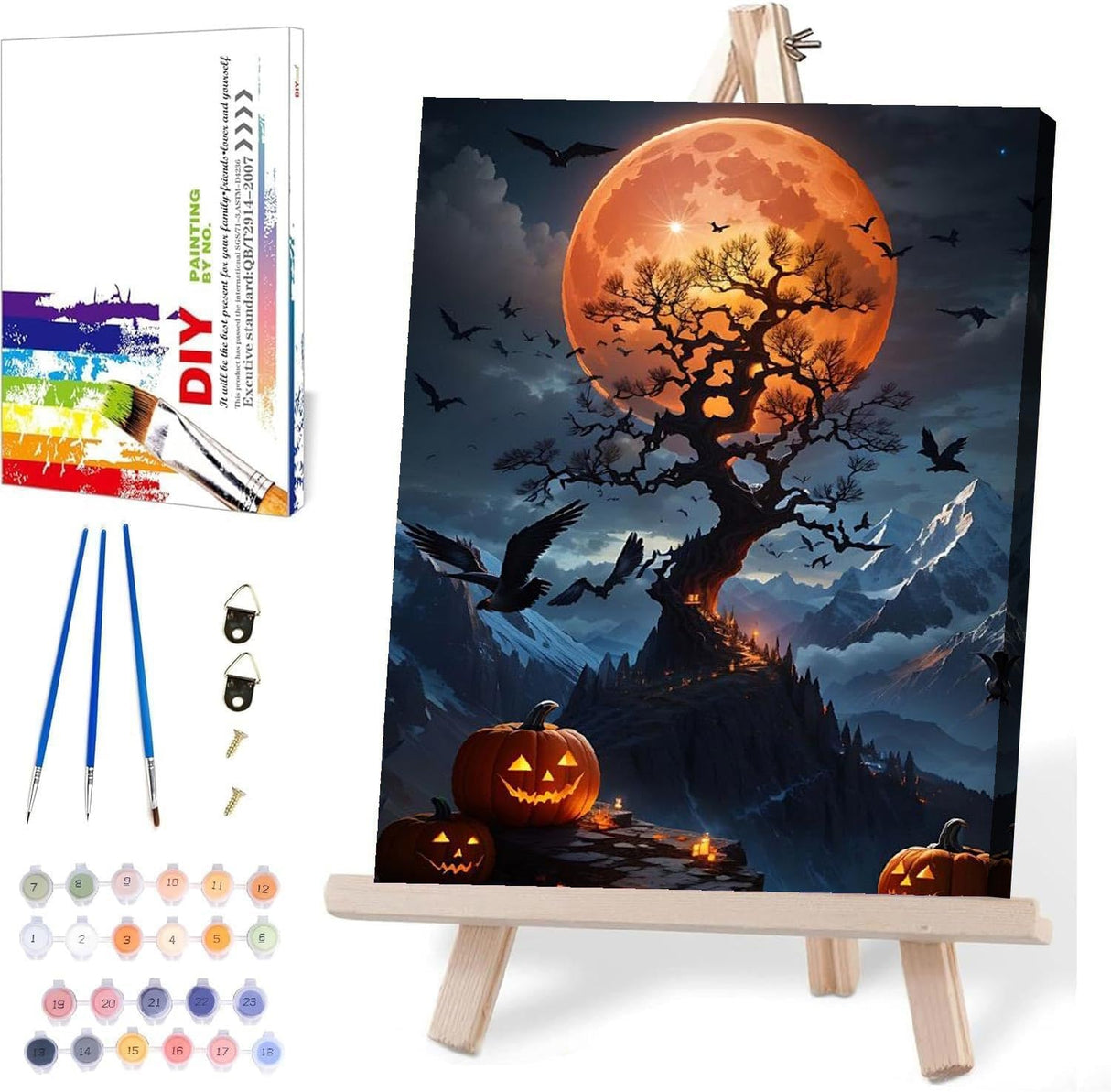 Halloween Paint by Numbers for Adults with Framed Canvas-with Wooden Easel,Paint by Numbers Kits Framed Canvas,DIY Acrylic Oil Painting Kits with Brushes Nice Gift Box for Home Wall Decor(12x16 Inch) MIRCVSH