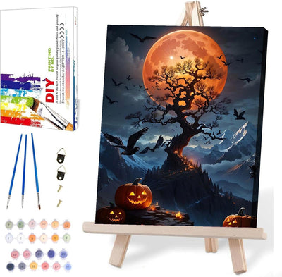 Halloween Paint by Numbers for Adults with Framed Canvas-with Wooden Easel,Paint by Numbers Kits Framed Canvas,DIY Acrylic Oil Painting Kits with Brushes Nice Gift Box for Home Wall Decor(12x16 Inch)