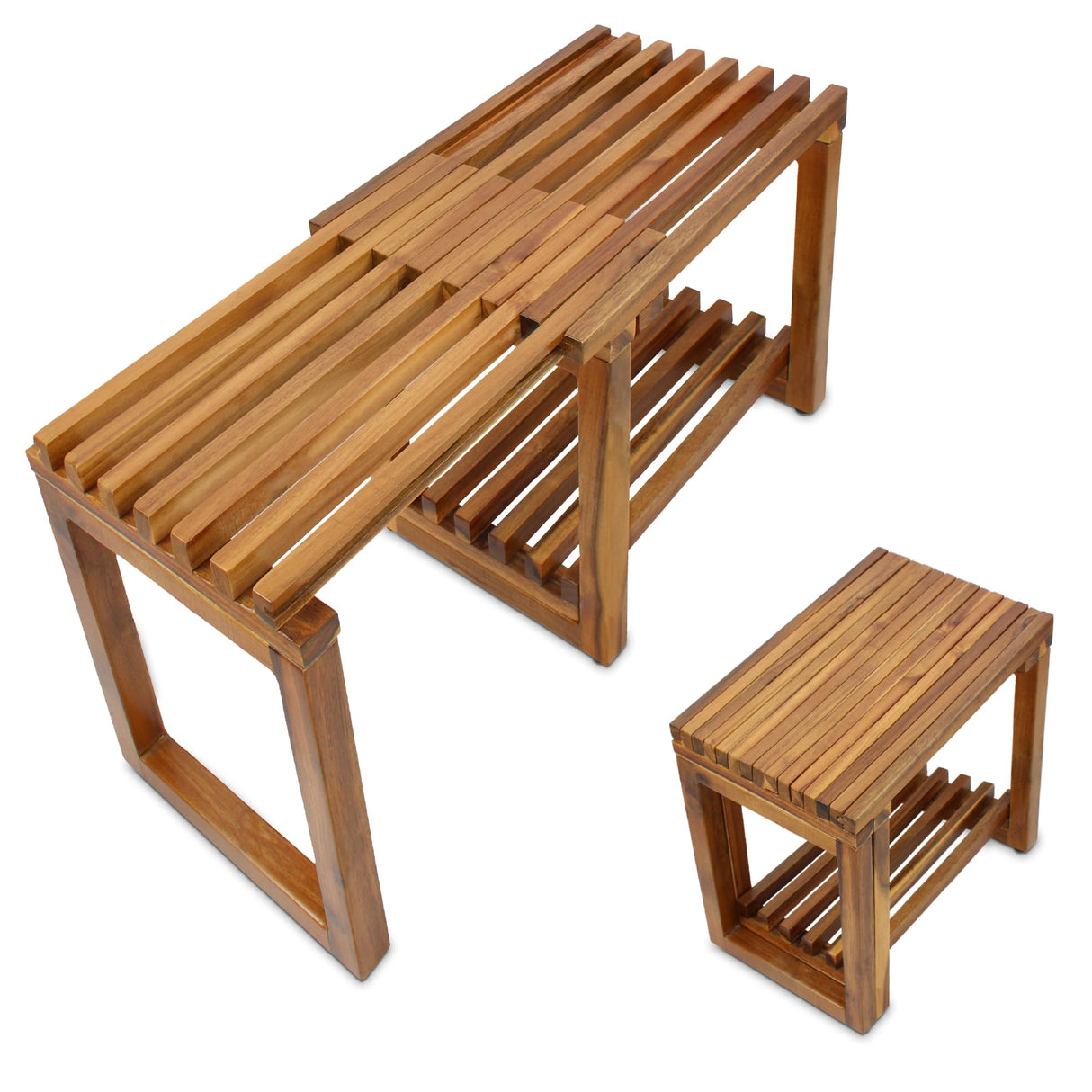 SENSUNIQ Acacia Adjustable Length Shower Stool, 29.5 in Transfer Bench with Storage Shelf, Inside Shower Stool for Shaving Legs, Bath Seat in Bathroom, Inside Shower for Adults Seniors Elderly SENSUNIQ