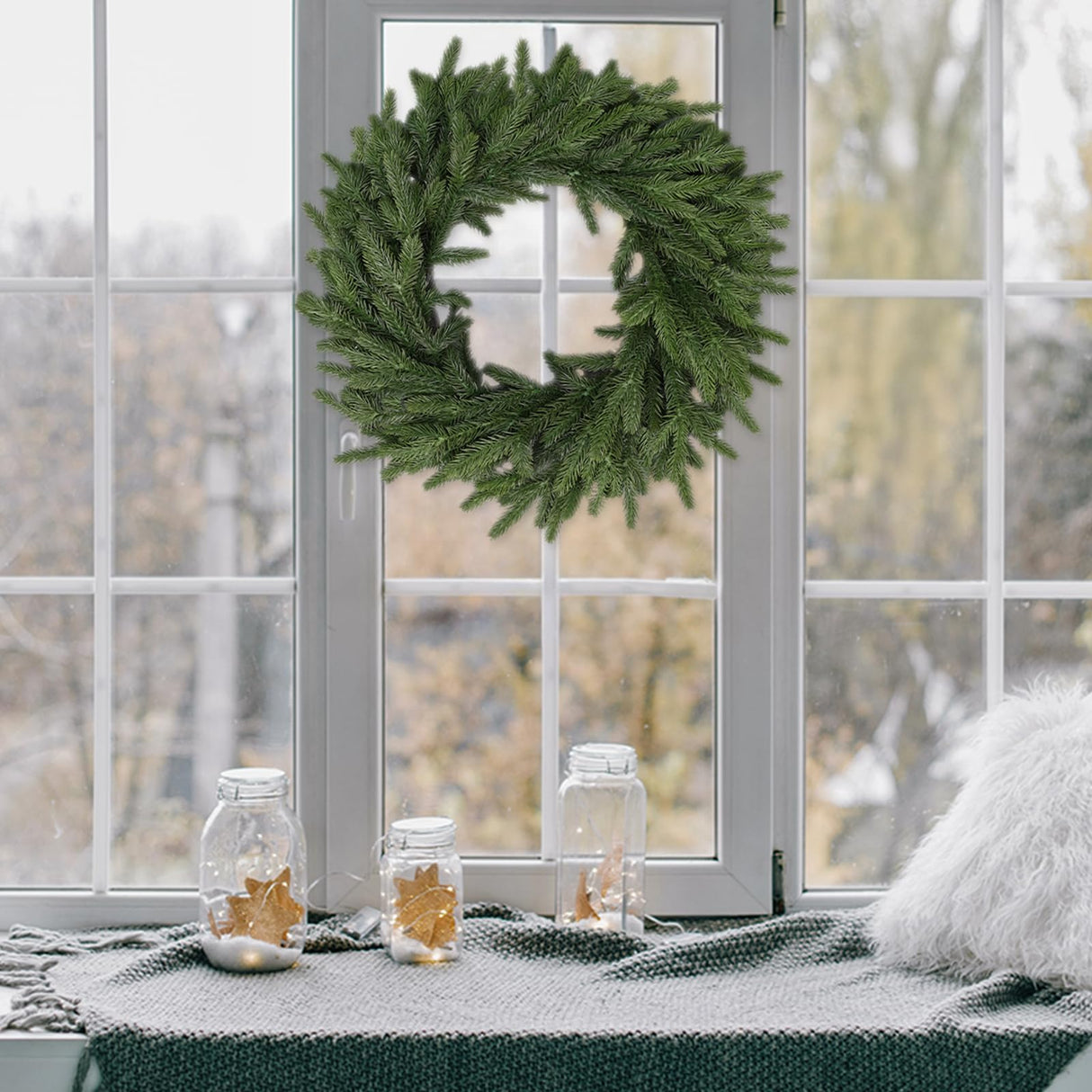 22 Inch Real Touch Christmas Wreath, Natural Droopy,Soft Bendable Winter Wreaths for Front Door, Christmas Wreath for Door, Thanksgiving Wreath, Christmas Greenery Christmas Decorations Outside LZNPA