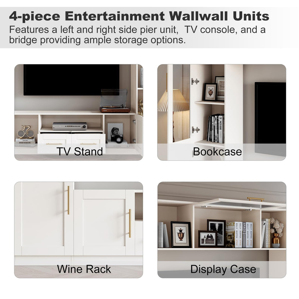 Mekminop 4-Piece Wall Unit TV Stand for TVs Up to 70", Modern Entertainment TV Wall Unit with Shelves, Large Wall Media Center for Living Room, White Mekminop