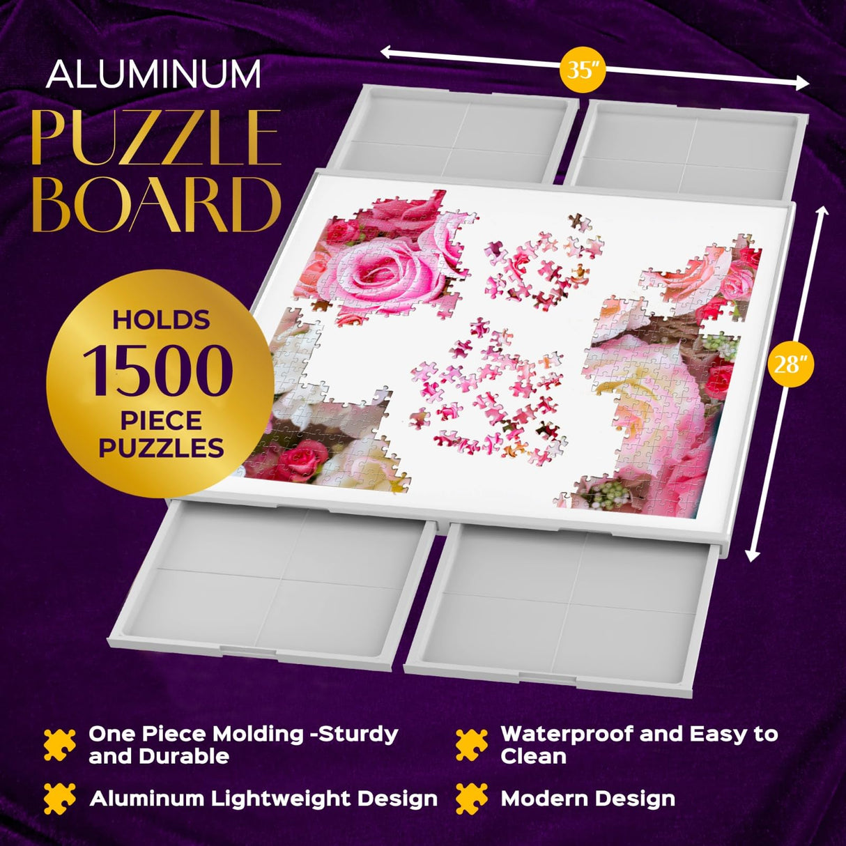 1500 Piece Aluminum Jigsaw Puzzle Board - 360° Rotating Jigsaw Puzzle Table with Drawers | 35” X 28” Portable & Dual Sided Board | Plastic Cover Included - Puzzles Tables for Adults PUZZSCAPE