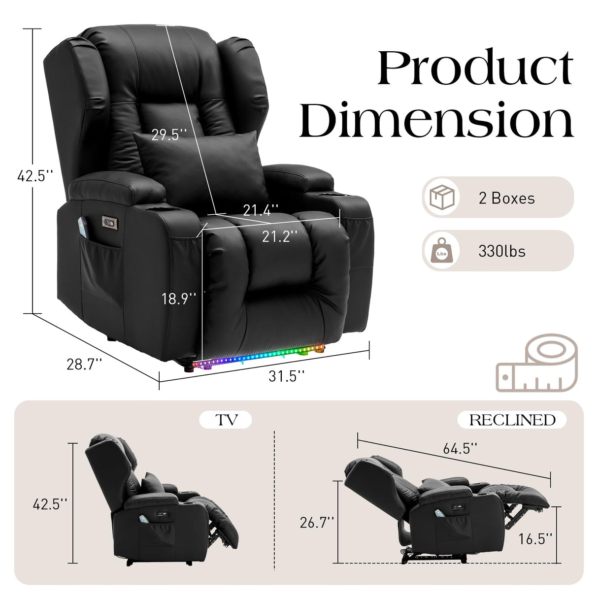 Power Recliner Chairs for Adults with Massage and Heat,Single Faux Leather Recliner Chair Sofa Reclinable Home Theater Seating with LED Lights,Cup Holders,Reclining Chair for Living Room (Black) Generic